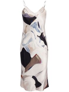 ecru/multicolour silk charmeuse abstract pattern print V-neck slip-on style spaghetti straps sleeveless shift style mid-length straight hem Dress Patterns Free Silk, Funky Outfits, Wardrobe Edit, Silk Charmeuse, Exclusive Fashion, Printed Midi Dress, Abstract Print, Abstract Pattern, Day Dresses