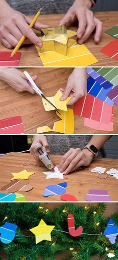 the process to make paper stars is shown with scissors, glue and construction paper strips