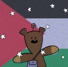 a brown teddy bear sitting on top of a blue cell phone in front of stars