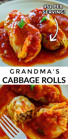 an image of grandma's cabbage rolls with gravy on top and the recipe below