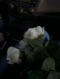 white roses are sitting in the center console of a car, next to a steering wheel