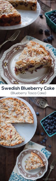 blueberry cheesecake is cut into slices and served on plates