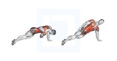 a man is doing push ups with the muscles highlighted in red and white, as well as an image of his lower body