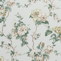 a floral wallpaper with white flowers and green leaves