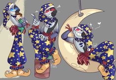 three cartoon characters sitting on the moon with one holding a baby in his arms and another standing