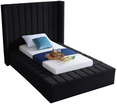 Kiki Velvet / Engineered Wood / Foam Contemporary Black Velvet Twin Bed (3 Boxes) - 70" W x 94" D x 65" H Twin Canopy Bed, Metal Twin Bed, Full Bed With Storage, Twin Size Bed, Full Headboard, Velvet Design, Frame Making, Velvet Bed, Meridian Furniture