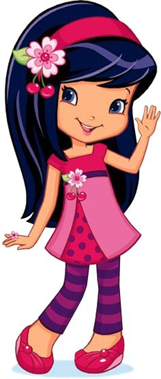 a cartoon girl with long black hair wearing pink and purple striped pants, holding her hand up