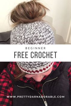 a woman wearing a crochet hat with text overlay reading beginner free crochet