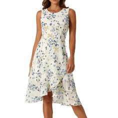 Floral Printed, Keyhole Back, Round Neck, Sleeveless, Smocked Elastic Waist, Wrapping Ruffled Hem, High Low Hem, Invisible Side Zipper, Fully Lined. This versatile dress is perfect for various occasions including leisure casual, business office, vacation, weekend outings, dates, and shopping. The wrap-around design creates a flattering round neckline, accentuating the female body curves. The lotus leaf edge hem adds a touch of feminine sweetness. These features elevate the brand and provide cust Ruffle Fabric, Flare Mini Dress, Midi Short Sleeve Dress, Sleeveless Floral Dress, Versatile Dresses, Floral Ruffle, Floral Midi Dress, High Low Hem, Women's Dresses