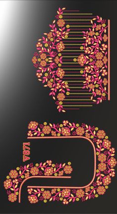 an ornate design with pink flowers and leaves on black background, in the shape of a rectangle