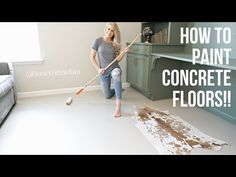 a woman is cleaning the floor with a mop in her hand and there is an advertisement for how to paint concrete floors