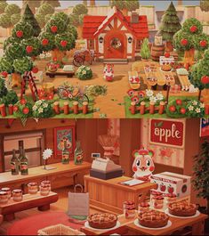 an animated image of a store with apples and pies on the table in front of it