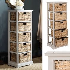 an old dresser with wicker drawers and baskets