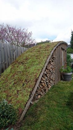 a green roof on top of a pile of wood in a yard next to a fence