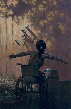 a painting of a person on a wheel chair with birds flying over them and trees in the background