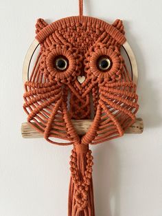 an owl made out of yarn hanging from a hook on a wall ornament