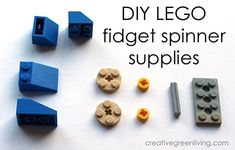 lego fidgett spinner supplies laid out on a white surface with the words diy lego fidgett spinner supplies