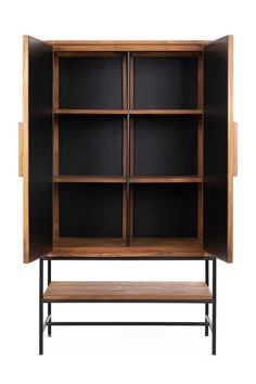 an open bookcase with two shelves on one side and a bench in the other