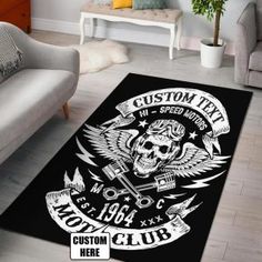 a rug that has a skull on it with the words custom text and an image of a