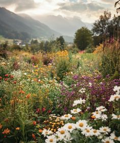 a field full of flowers with mountains in the background