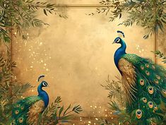 two peacocks standing next to each other in front of a gold frame with leaves