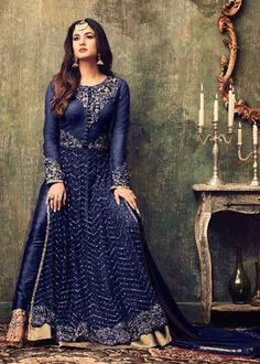 This dress comes with Elegant Designer Embroideries on Front, Yolk, Sleeves and Back. The Dress is Long of Flowing Length. Length can be easily adjusted as per requirement. There is additional Handwork on Dress.Sleev with the Dress is also Heavily Embroidered.Inner + Bottom is of Heavy Shantoon Indian Party Dress, Navy Blue Party Dress, Net Anarkali, Womens Fashion Classy Casual, Abaya Style, Minimalist Fashion Women, Womens Fashion Casual Outfits, Womens Fashion Casual Fall, Blue Party Dress