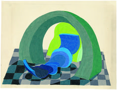 an abstract painting with blue and green shapes on a checkered tableclothed surface