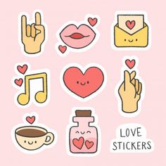 various stickers with hearts, love and music notes