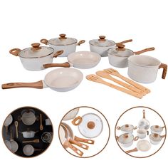 an assortment of kitchen utensils and pans