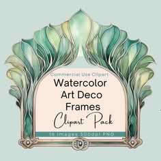 the watercolor art deco frames clipart pack is shown in green and blue colors