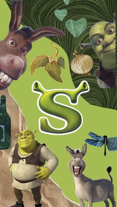 an image of the letter s surrounded by cartoon animals and plants, including a donkey