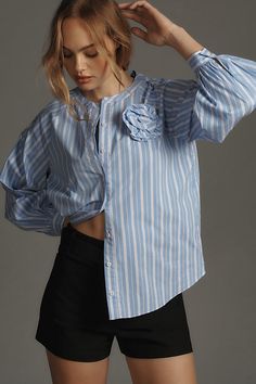 Cotton, nylon, elastane Button front Hand wash Imported | Striped Buttondown Blouse by English Factory in Blue, Women's, Size: XS, Cotton/Nylon/Elastane at Anthropologie Blouse 2024 Trend, Ruffle Blouse Outfit, Spring Inspo, Stripe Blouse, English Factory, Front Hand, Blue Fits, Spring 2024