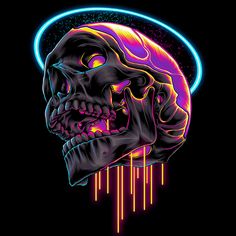 a skull with neon colors on it's face and the moon in the background