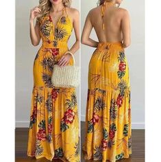 Material: Polyester  Gender: Women  Item Type:Dress  Sleeve Length: Sleeveless  Color: Yellow, Orange, Green  Size: S, M, L, XL Beach Dress Casual, Yellow Dresses, Boho Beach Dress, Dress Sleeve Length, Long Beach Dress, Backless Maxi Dresses, Gala Dresses, Vacation Dresses, Vestido Casual