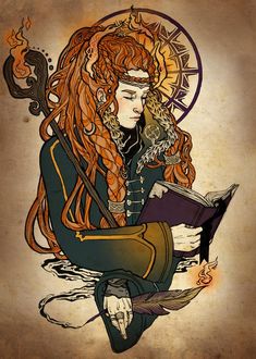 a drawing of a woman with long red hair sitting on the ground reading a book