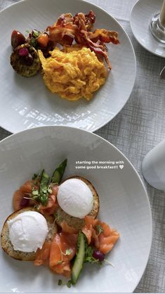 two white plates topped with different types of food