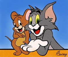 the cartoon mouse and cat are hugging each other in front of a blue sky background