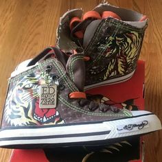 Ed Hardy Kids Highrise Chocolate Canvas Hi Top Athletic Sneaker Shoe Size 3 -4-5 Nwt In A Original Box Brown Low-top Sneakers For School, Brown Round Toe Sneakers For School, Ed Hardy Shoes, 2000s Shoes, Holiday Wishlist, Aesthetic Streetwear, Shoes Outfit Fashion, Fashion Vocabulary, Hype Shoes