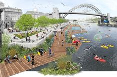 an artist's rendering of a river with people walking and kayaking on it