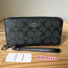 100% Authentic Coach Wallet C4452 Signature Long Zip Around Wallet Strap Graphite Black And Silver Hardware Brand New With Tags 7.5” X 4” Coach Formal Pouch Wallet, Black Coach Wallet, Coach Wallets For Women, Coach Wallets, 18th Bday, Bags Coach, Coach Wallet, Black And Silver, Black Aesthetic