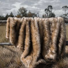 an animal fur blanket is hanging on a wooden fence in a field with dry grass