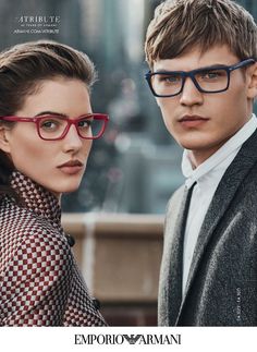 Emporio Armani Fall/Winter 2015 Glasses Couple, Bo Develius, Eyewear Ad, Eye Poster, Armani Blazer, Sabrina Sato, Fashion Glasses, Grey Blazer