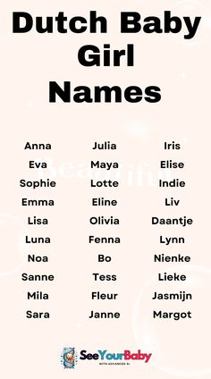 the dutch baby girl names are shown in black and white, with an orange background