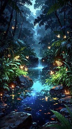 a stream in the middle of a forest filled with lots of trees and lights at night