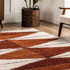 a brown and white rug in a living room next to a chair with a potted plant on it