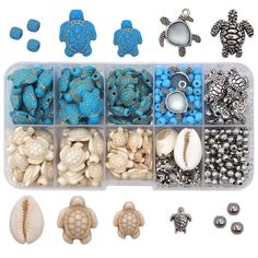 an assortment of sea turtle beads in a plastic container