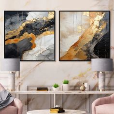 two paintings on the wall in a living room