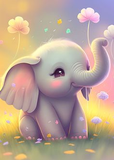 an elephant is sitting in the grass with flowers