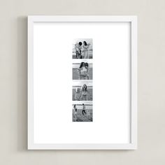 a white framed photo hanging on the wall with four different pictures in black and white