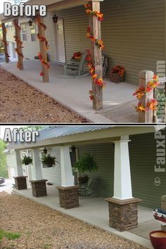 before and after photos of a front porch that has been decorated with fall foliages